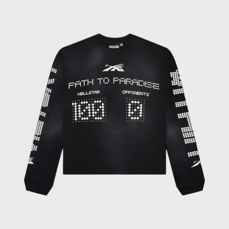 Black Hellstar Scoreboard long-sleeve sweater featuring vintage-inspired athletic graphic print and streetwear design.