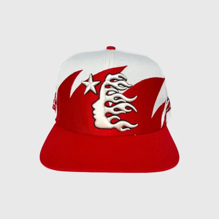Hellstar Shark Teeth Snapback hat in off-white and red featuring a unique embroidered urban streetwear graphic design.