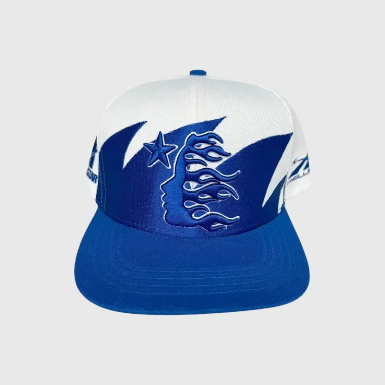 Hellstar Shark Teeth Snapback hat in off-white and royal blue featuring an aggressive embroidered streetwear graphic.