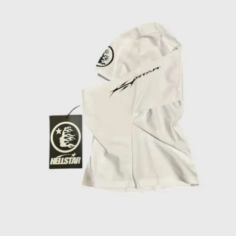 White Hellstar Sheisty Balaclava ski mask with branded tag and logo, offering premium comfort and versatile styling.