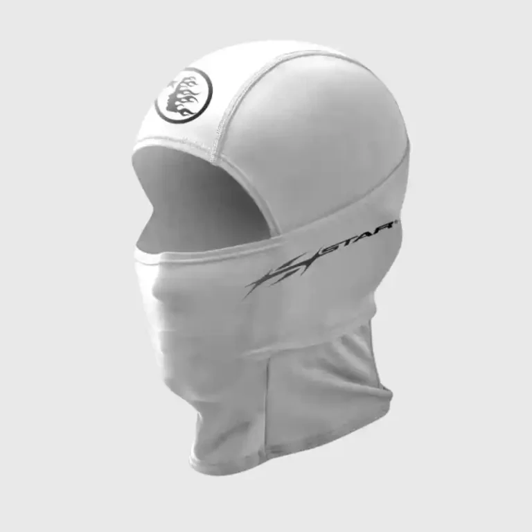 A white Hellstar Sheisty balaclava ski mask featuring branded logo detailing, designed for versatile winter wear.