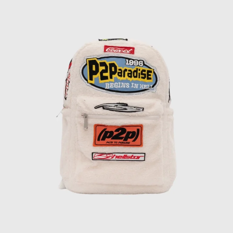 Hellstar Sherpa Patchwork Backpack in White featuring plush fleece and embroidered streetwear graphic patches.
