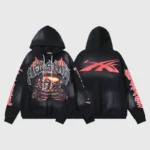Hellstar Halloween black hoodie with red airbrushed skeleton graphic front and bold logo on back, streetwear tracksuit style