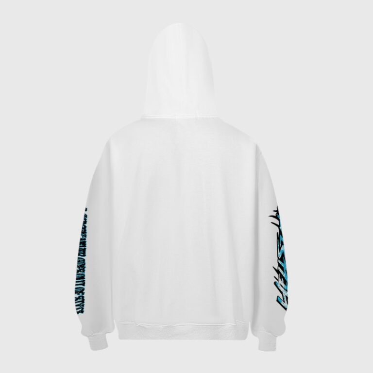 Back view of the white Hellstar Skeleton Bandage Retro Hoodie with graphic sleeve details and fleece interior.