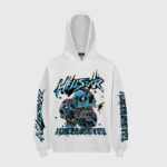 White Hellstar Skeleton Bandage Retro Hoodie featuring detailed skull graphic print and branding on front and sleeves