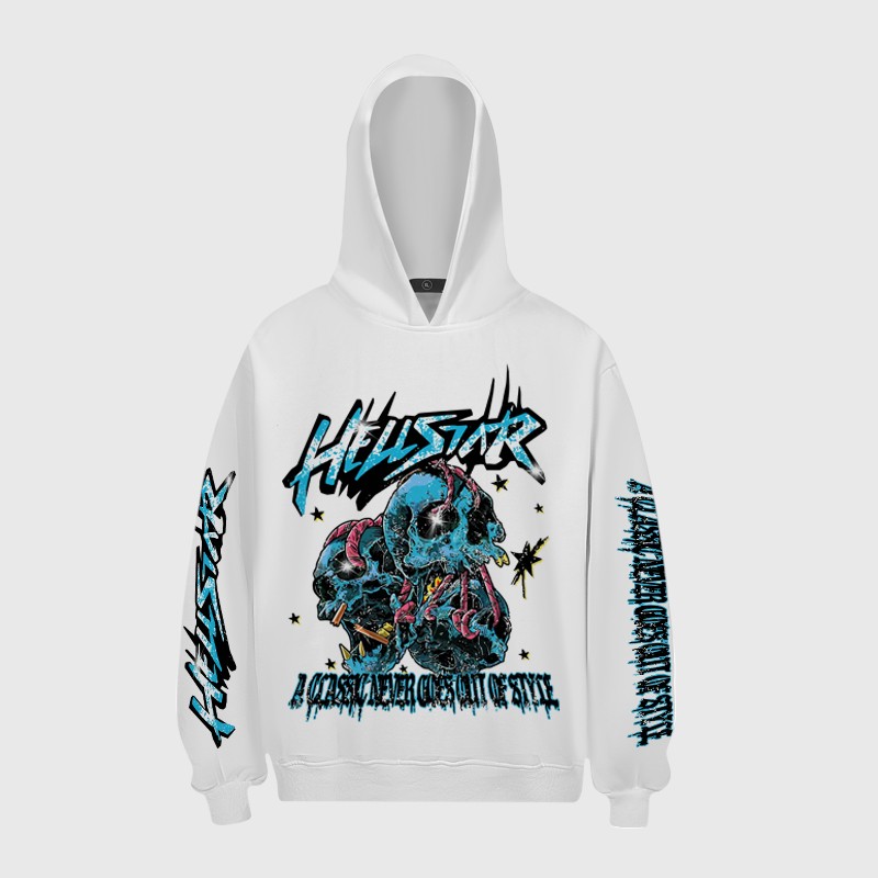 Hellstar Skeleton Bandage Retro Hoodie Front White Hellstar Skeleton Bandage Retro Hoodie featuring detailed skull graphic print and branding on front and sleeves