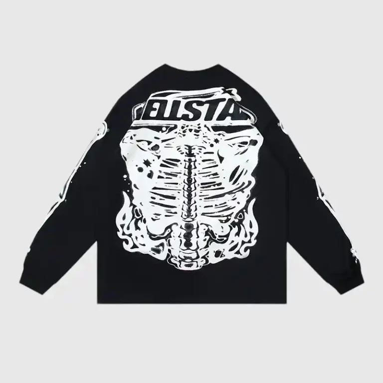Back view of the Hellstar Skeleton long sleeve shirt in black featuring a large white graphic skeleton print design