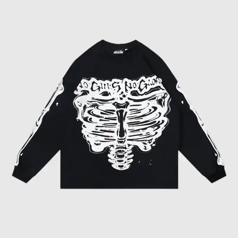 Hellstar Skeleton long sleeve shirt in black with a vintage washed graphic screen print and unisex cotton fit.
