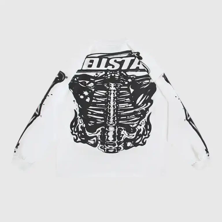 Back view of the white Hellstar Skeleton long sleeve shirt featuring a graphic screen print made of 100% cotton.