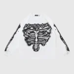 Front view of the white Hellstar Skeleton long sleeve shirt featuring a bold graphic skeleton print on 100% cotton fabric.