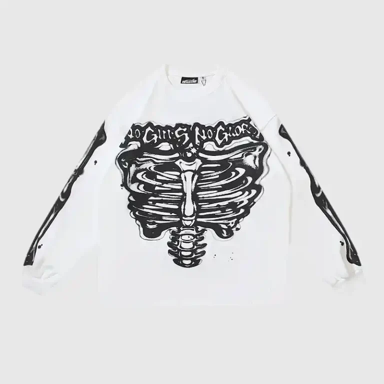Front view of the white Hellstar Skeleton long sleeve shirt featuring a bold graphic skeleton print on 100% cotton fabric.