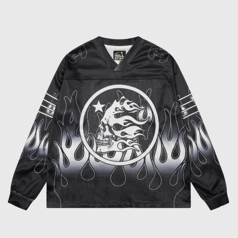Hellstar Skull Drop Print long sleeve tee in black mesh featuring a circular flame skull graphic and white star detail.