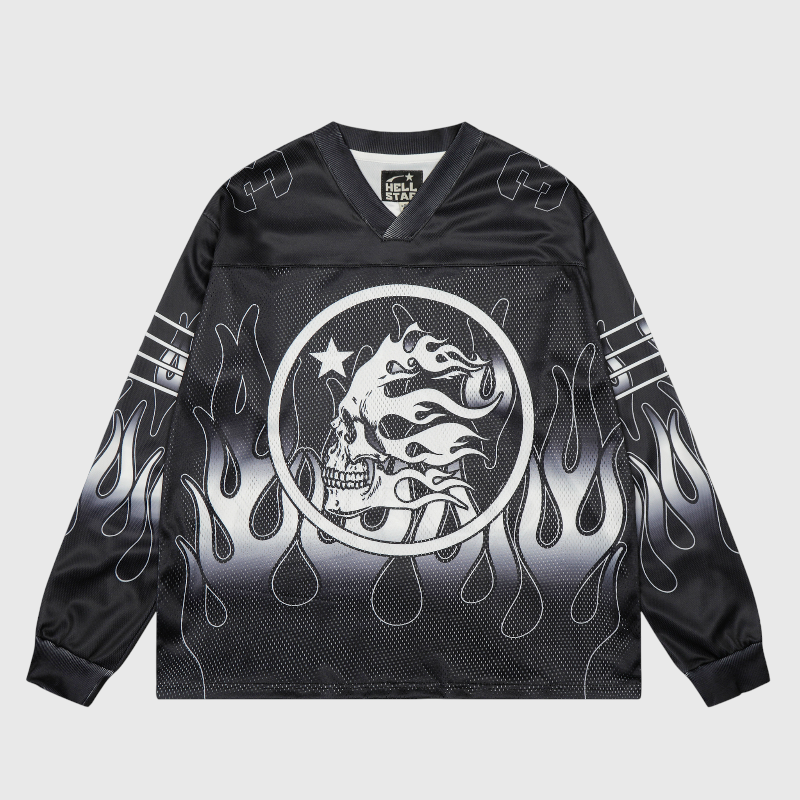 Hellstar Skull Drop Print Long Sleeve Tee Hellstar Skull Drop Print long sleeve tee in black mesh featuring a circular flame skull graphic and white star detail.