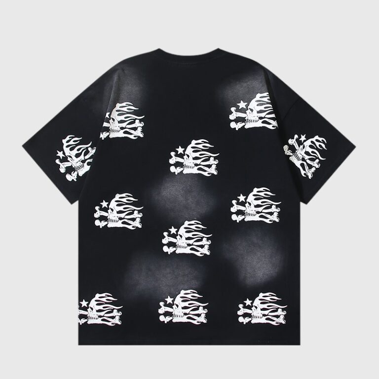 Back view of a black HELLSTAR Skull T-shirt featuring an all-over white graphic pattern of flaming skulls and crossbones.