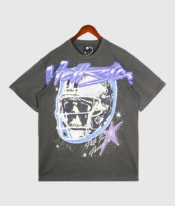 Dark grey vintage wash Hellstar T-shirt featuring a skull wearing a football helmet graphic and purple star print.