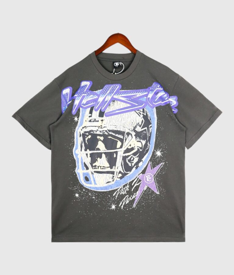 Dark grey vintage wash Hellstar T-shirt featuring a skull wearing a football helmet graphic and purple star print.