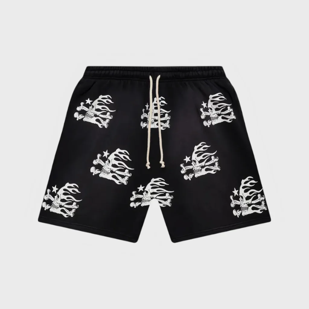 Black Hellstar fleece shorts featuring a distressed white graphic skull and flame pattern with an adjustable drawstring.