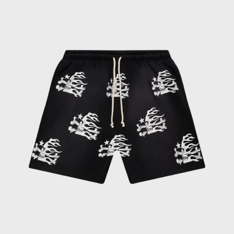 Black Hellstar fleece shorts featuring a distressed white graphic skull and flame pattern with an adjustable drawstring.
