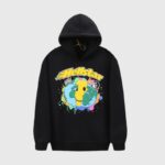 Black Hellstar Smiley World hoodie featuring a vibrant graphic print of a smiling earth on fleece fabric.