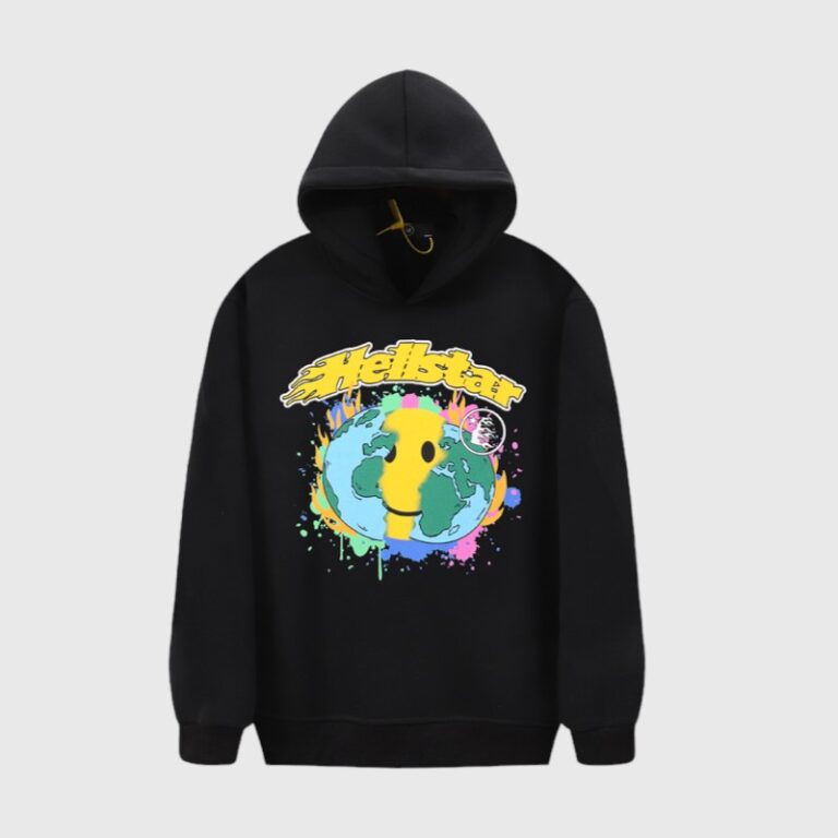 Black Hellstar Smiley World hoodie featuring a vibrant graphic print of a smiling earth on fleece fabric.