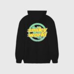 Black Hellstar Smiley World hoodie shown from the back featuring a colorful circular graphic print logo design.