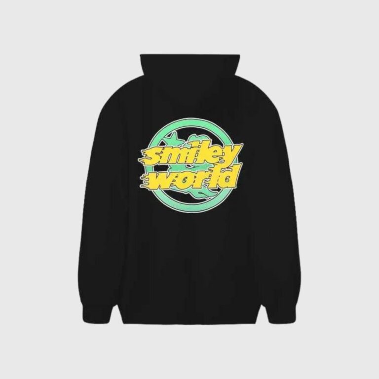Black Hellstar Smiley World hoodie shown from the back featuring a colorful circular graphic print logo design.