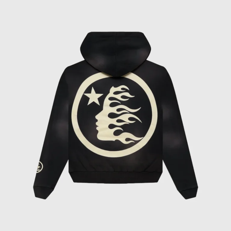 Back view of the black Hellstar Smoke Uniform hoodie featuring a circular flame graphic and star design.