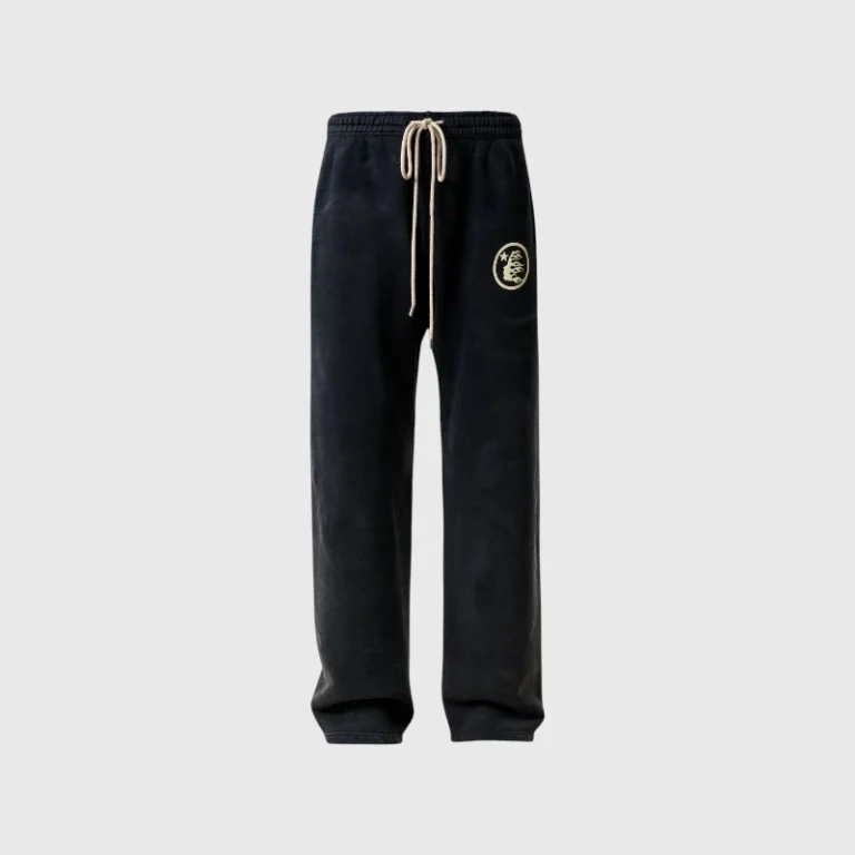Hellstar Smoke Black Uniform Sweatpants featuring a vintage washed fleece fabric with a signature graphic screen print.