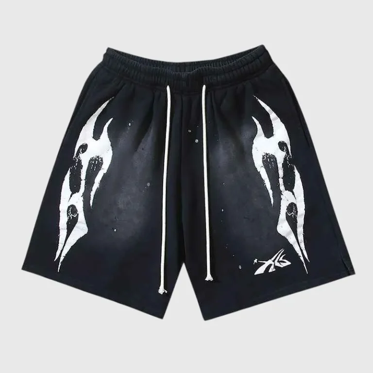 Hellstar Snap Black Shorts with white graphic screen prints, featuring an adjustable drawstring and urban street design.