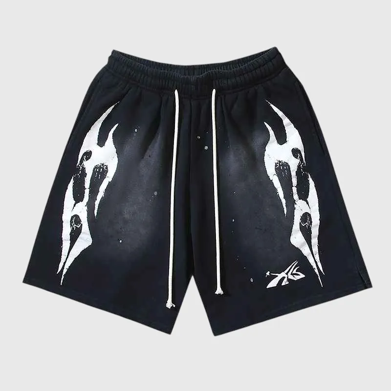 Hellstar Snap Black Graphic Shorts Hellstar Snap Black Shorts with white graphic screen prints, featuring an adjustable drawstring and urban street design.