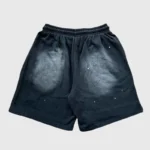 Back view of black Hellstar Snap shorts featuring premium vintage washed fleece fabric and unique distressed design.
