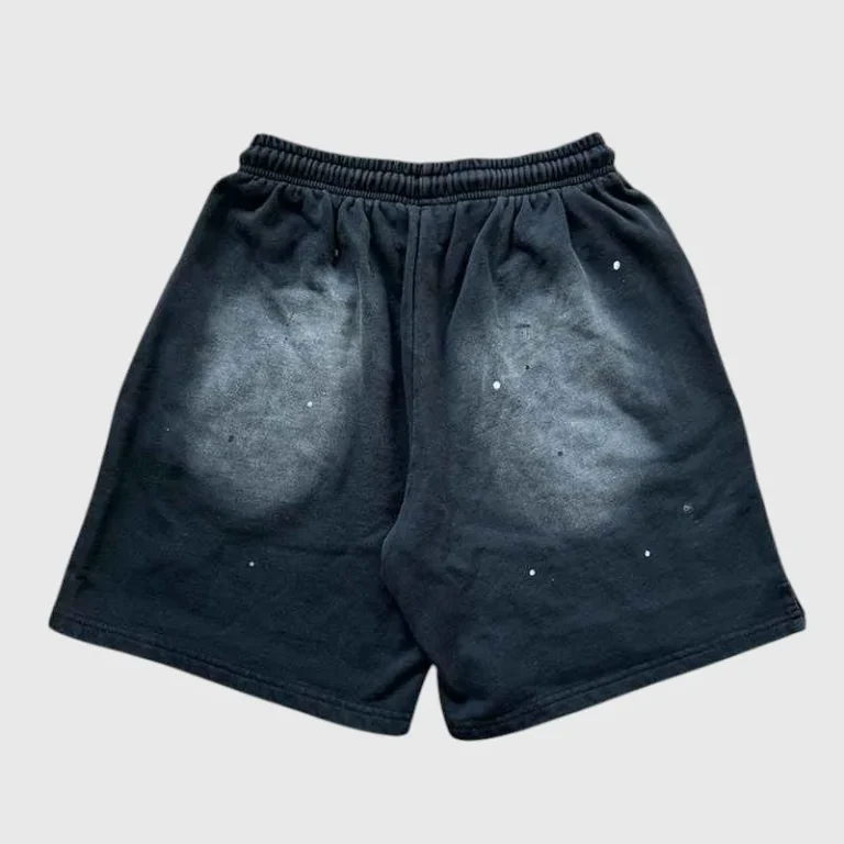 Back view of black Hellstar Snap shorts featuring premium vintage washed fleece fabric and unique distressed design.