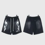 Front and back views of Hellstar Snap Black Shorts featuring a white graphic screen print and drawstring closure.