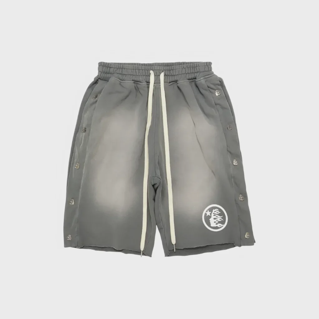Hellstar Snap Shorts in Grey, featuring side snap hardware and signature logo branding for premium streetwear style.