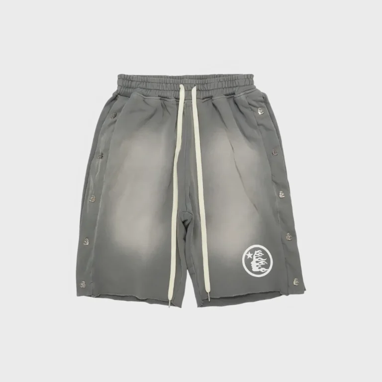 Hellstar Snap Shorts in Grey, featuring side snap hardware and signature logo branding for premium streetwear style.
