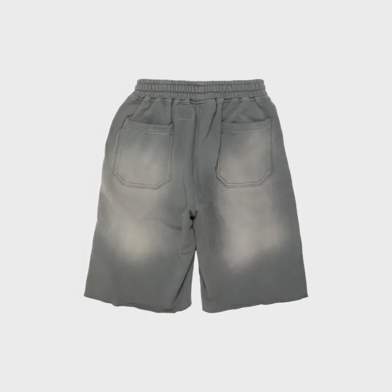 Back view of the grey Hellstar Snap Shorts showcasing the premium streetwear design with back pocket detailing.