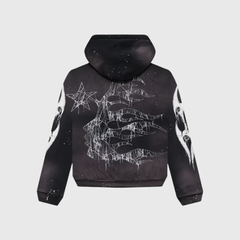 Back view of the black Hellstar Spiderweb Sport logo zip-up hoodie with white graphic star and flame print design.