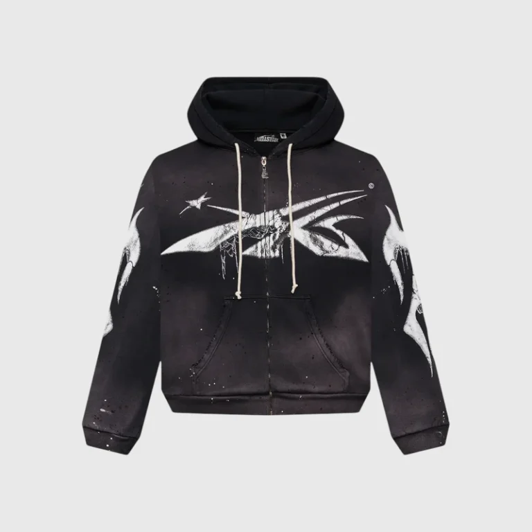 Hellstar Spiderweb Sport Logo Zip-Up Hoodie in black with graphic screen prints and a vintage washed fleece finish.
