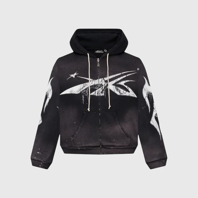 Hellstar Spiderweb Sport Logo Zip Up Hoodie Front View Hellstar Spiderweb Sport Logo Zip-Up Hoodie in black with graphic screen prints and a vintage washed fleece finish.