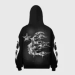 Back view of the black Hellstar Sport zip-up hoodie featuring a bold, white graphic of a face, flames, and a star.