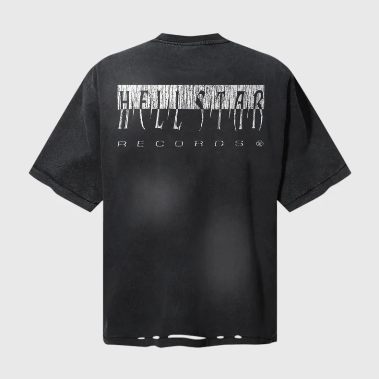 Back view of the black Hellstar Spiritual Injection T-shirt featuring a distressed white brand logo graphic design.