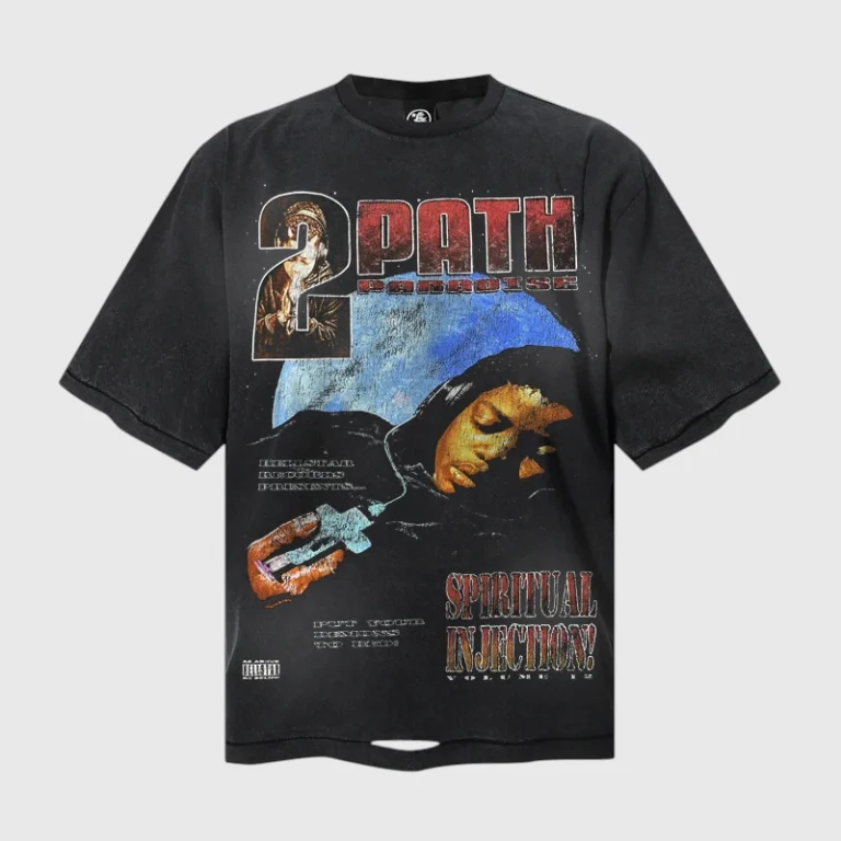 Front view of the black Hellstar Spiritual Injection T-shirt featuring vintage graphic prints and branded text details.