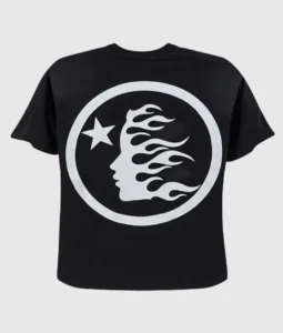 Back view of the black Hellstar Sport T-shirt featuring a circular graphic with a star and a flaming face logo design.