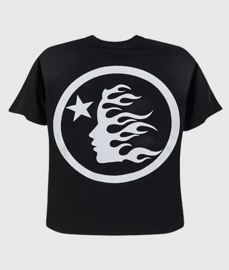 Back view of the black Hellstar Sport T-shirt featuring a circular graphic with a star and a flaming face logo design.