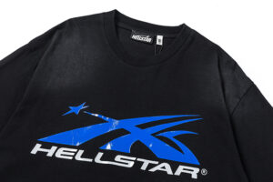 Close up view of the black Hellstar Sport t-shirt featuring a distinctive blue graphic design and branding logo details.
