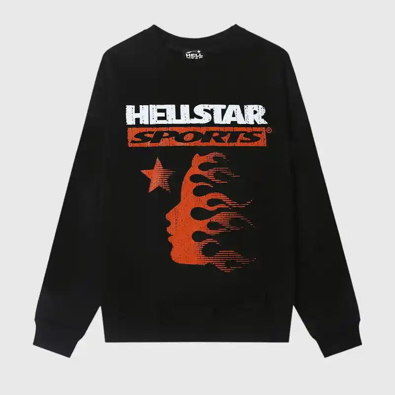 Hellstar Sport Family Long Sleeve Front View Black Hellstar Sport family long sleeve shirt featuring a front graphic of a flaming head profile and a star logo.