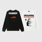 Black and white Hellstar Sport Family long sleeve shirts featuring graphic screen prints on the front and back.
