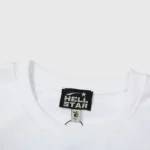 Close up of the Hellstar Sport family long sleeve white shirt featuring the interior brand neck tag and size label.