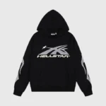 Black Hellstar Sport Gel Logo Hoodie from the tracksuit collection with a white graphic print on the front and sleeves.