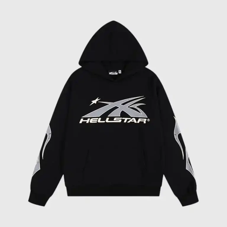 Black Hellstar Sport Gel Logo Hoodie from the tracksuit collection with a white graphic print on the front and sleeves.